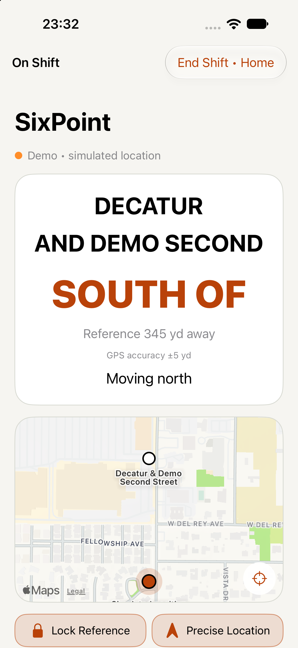 SixPoint iPhone demo showing Decatur and Demo Second, SOUTH OF, distance and GPS accuracy