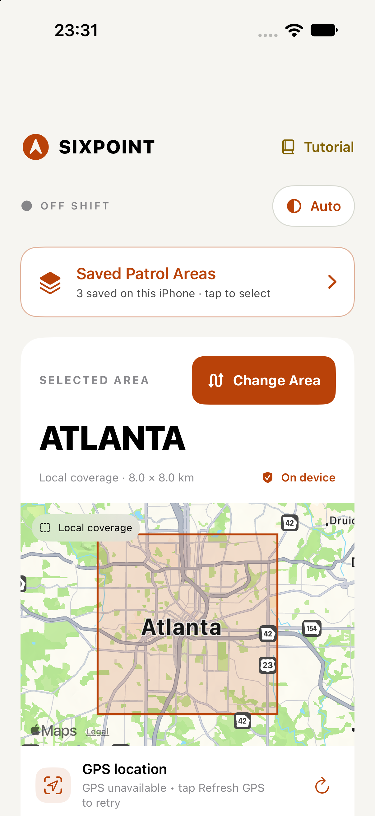 Actual iPhone Home screen with an unreviewed Atlanta local area and Change Area control