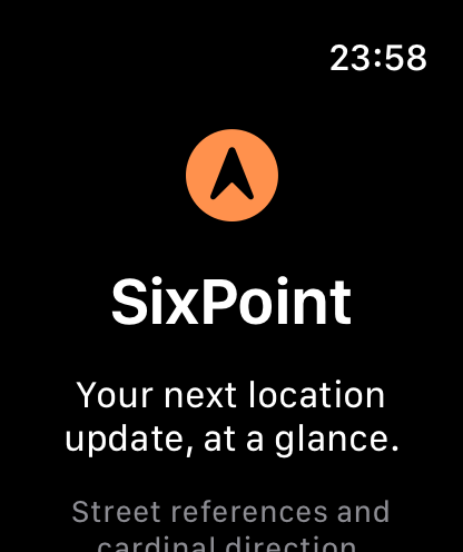 Actual Apple Watch SixPoint access screen introducing street references and cardinal direction